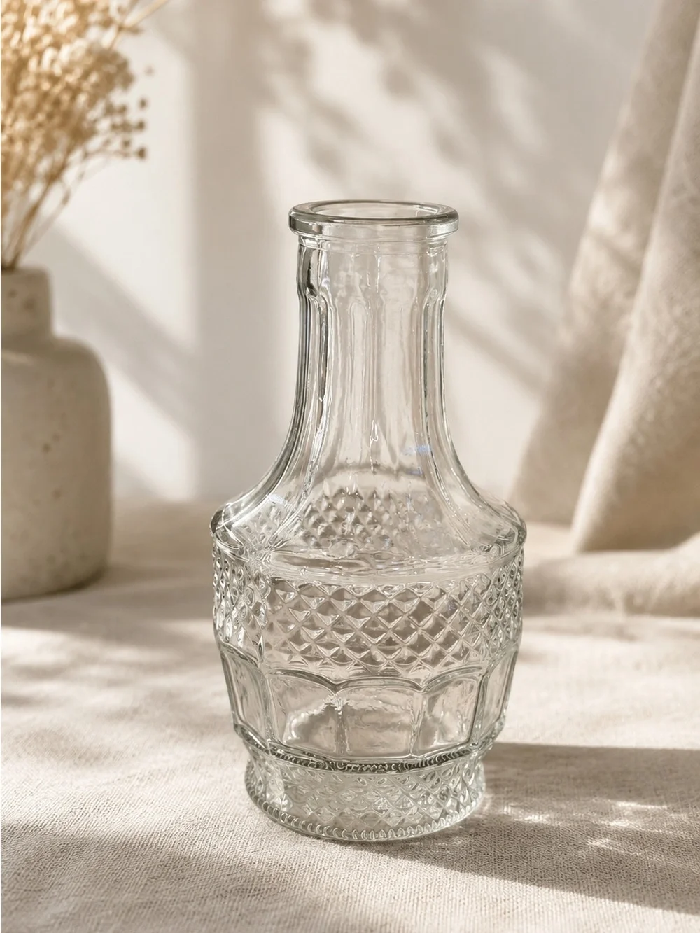 Vintage 1980s Clear Glass Decorative Bottles Set of 3 Embossed Bud Vases